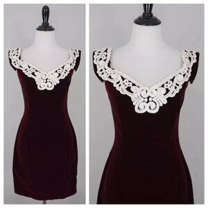 Vtg GUNNE SAX Jessica McClintock Burgundy White Embroidered Velvet Lace Dress